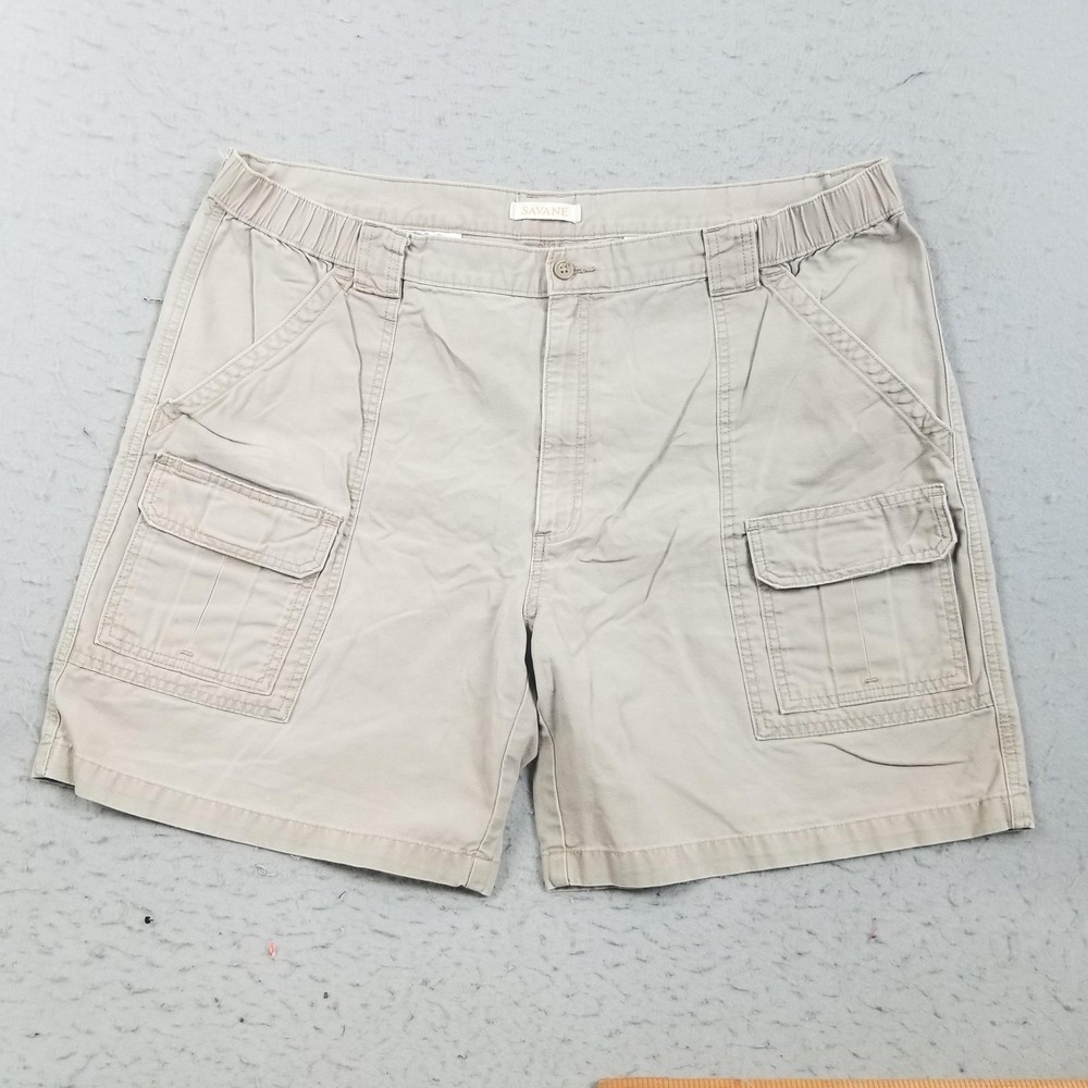 Savane Cargo Shorts Mens 42‎ Beige Cotton Canvas Elastic Waist 10 Inseam Casual